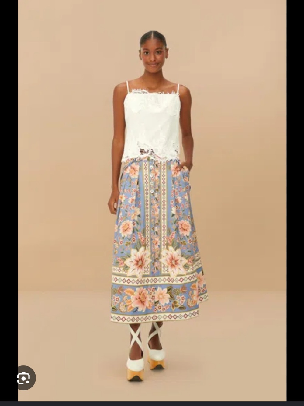 FARM Rio Blue Floral Border Midi Skirt with Pink Blossoms size S - Picture 2 of 9